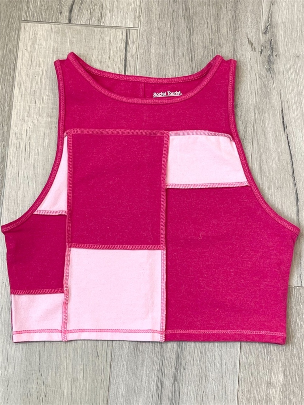 Social Tourist Pink Patchwork Crop Top